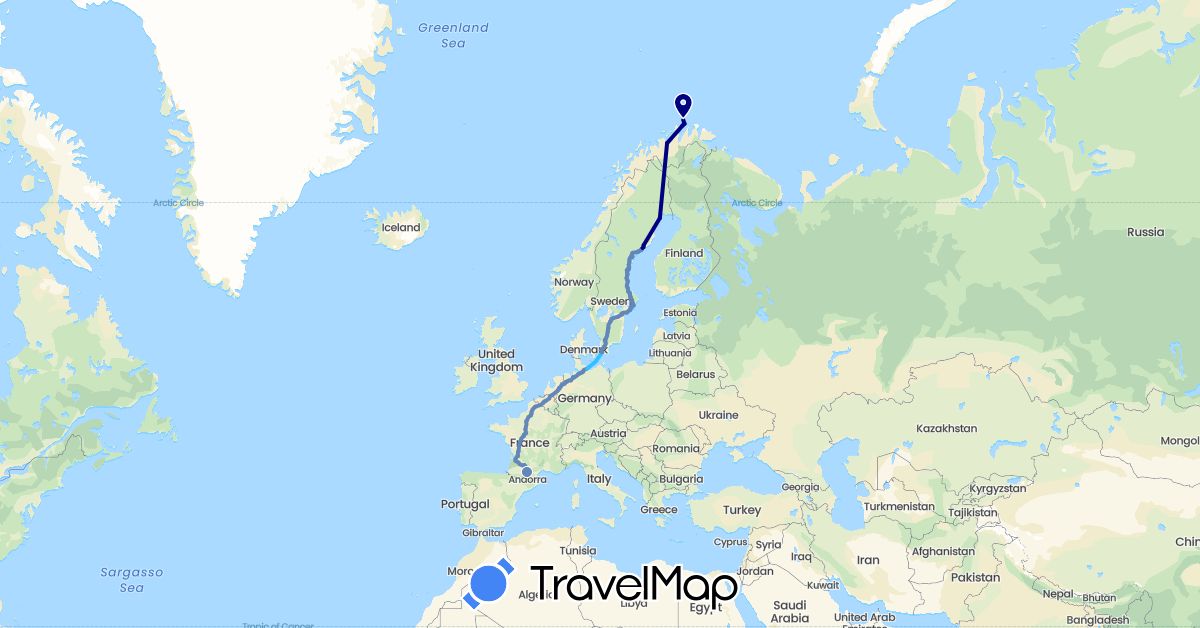 TravelMap itinerary: driving, cycling, boat in Belgium, Germany, France, Netherlands, Norway, Sweden (Europe)