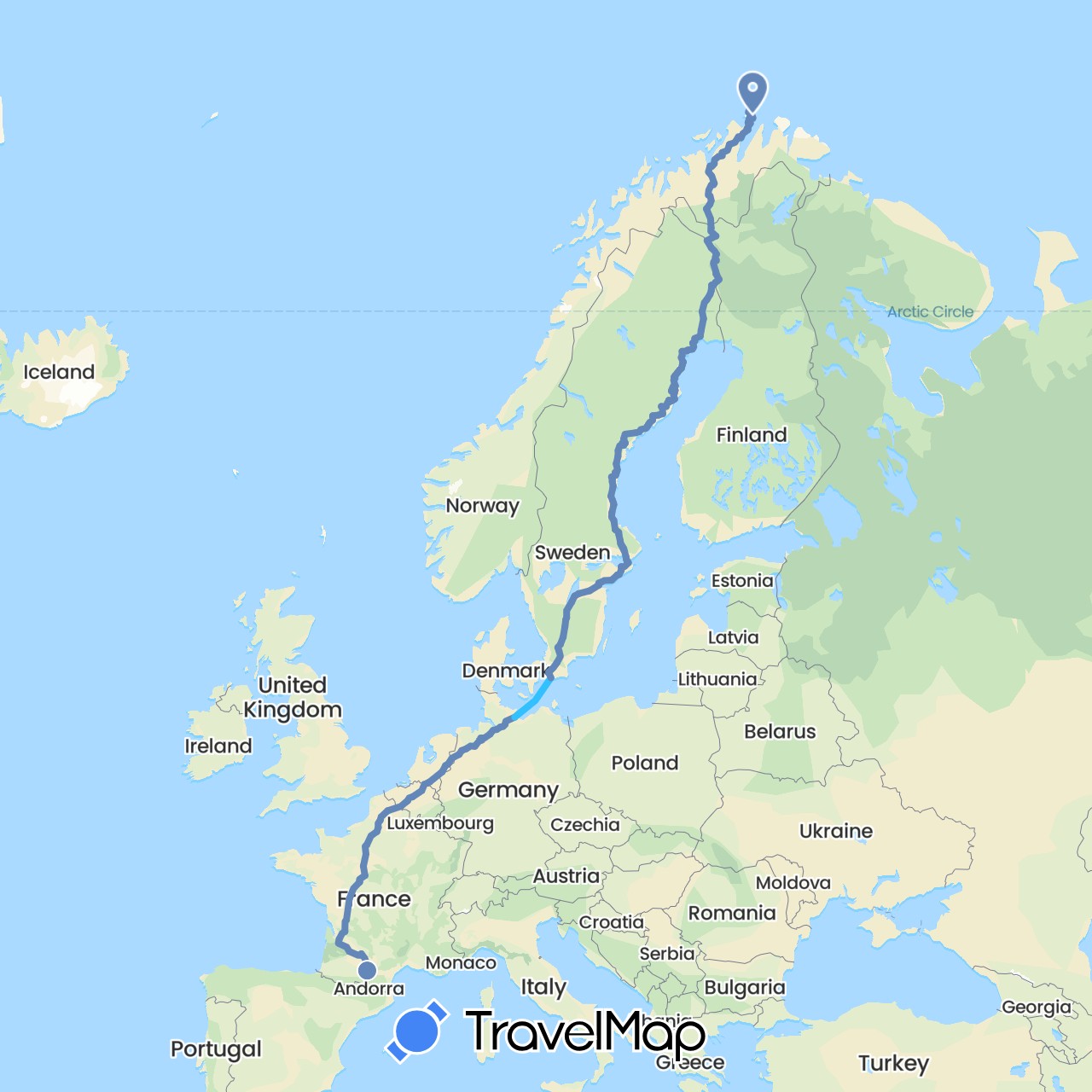 TravelMap itinerary: driving, cycling, boat in Belgium, Germany, France, Netherlands, Norway, Sweden (Europe)